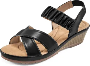 Almusen Womens Wedge Sandals Dressy: Comfortable Elastic Ankle Strap Summer Low Heel Work Sandals for Women Fashion Cross Band Wedding Shoes