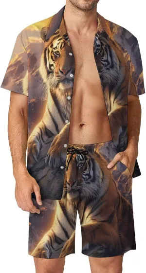 Alpine Snow Mountain Tiger at Sunset Hawaiian Outfits for Men Beach Shirts Suits Button Down Short Sleeve Tracksuit