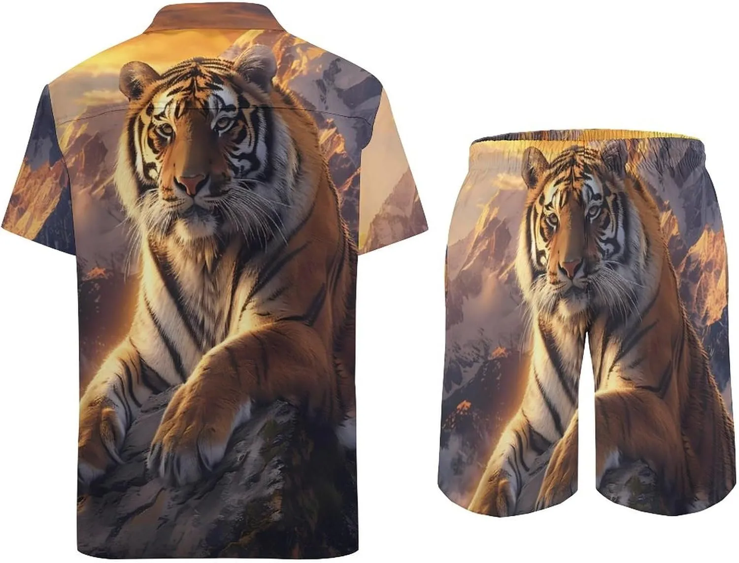 Alpine Snow Mountain Tiger at Sunset Hawaiian Outfits for Men Beach Shirts Suits Button Down Short Sleeve Tracksuit
