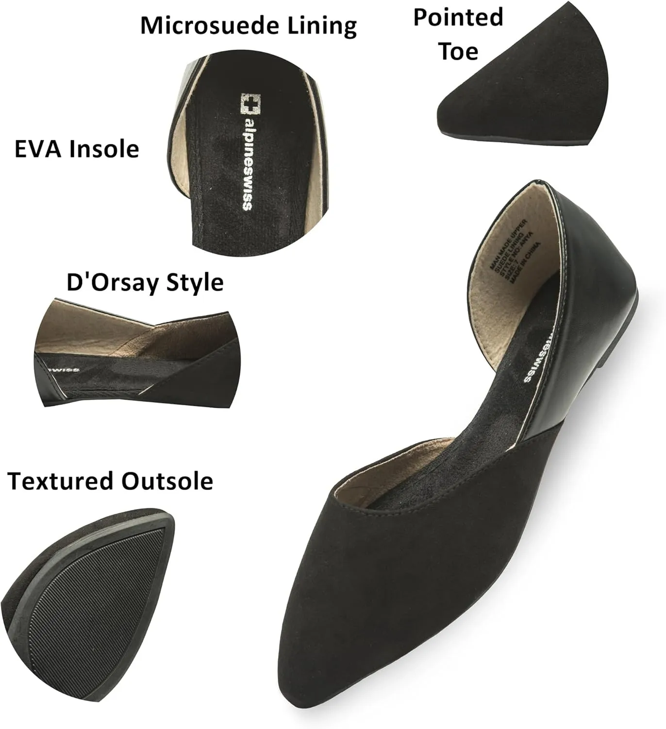 Alpine Swiss Anya Womens D’Orsay Pointed Toe Ballet Flats Dressy Slip On Comfortable Shoes