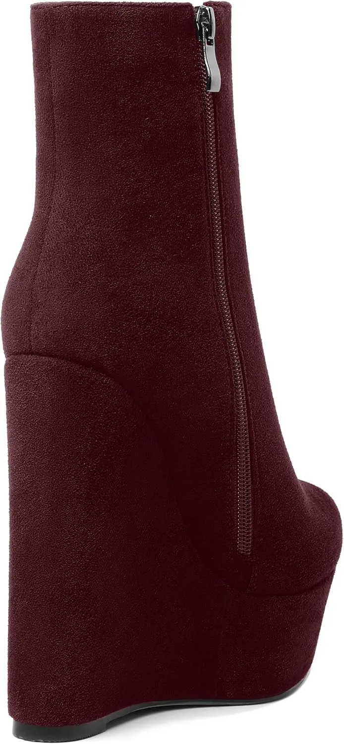 AMBELIGHT Womens Night Club Suede Round Toe Fashion Booties Platform Zip Wedge High Heel Ankle High Boots 6 Inch