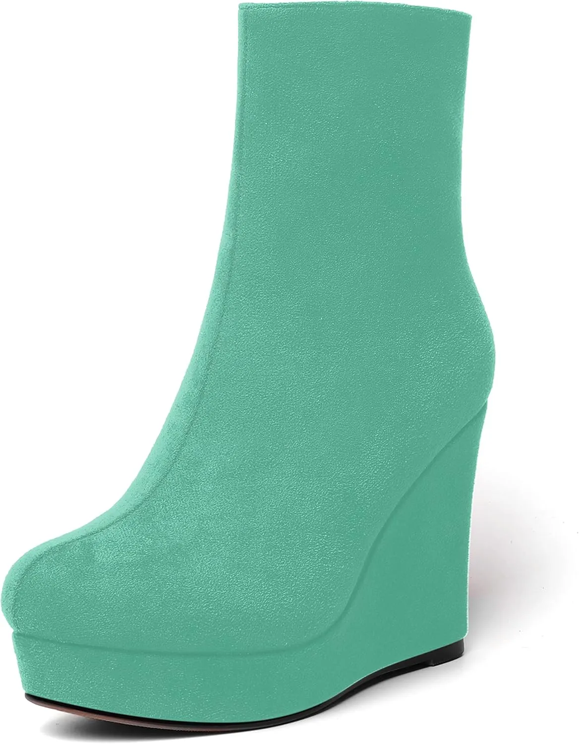 AMBELIGHT Womens Suede Round Toe Wedge Boots Night Club Zip Fashion Platform Wedge High Heel Ankle High Boots 4 Inch