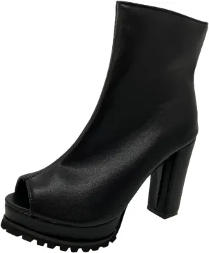 AMDBEL Women's Chunky High Heel Ankle Booties Fashion Gothic Punk Open Toe Booties for Women Ladies Peep Toe Platform Boots Leather Slip On High Top Mid Calf Boots for Wedding Party Halloween