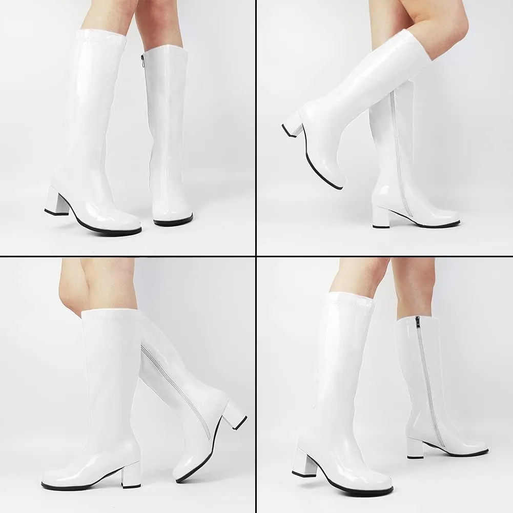 AMINUGAL Womens Go Go Boots Block Heel Round Toe Side zipper Dress Halloween Costume Knee High Boots Disco Party Boots For Women
