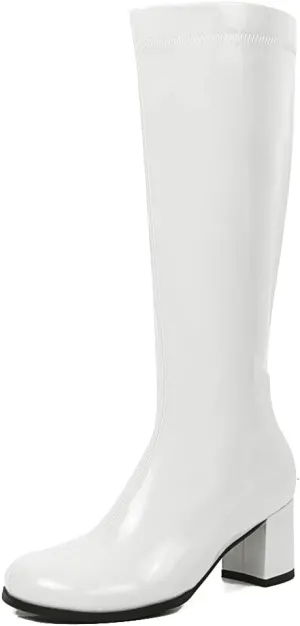 AMINUGAL Womens Go Go Boots Block Heel Round Toe Side zipper Dress Halloween Costume Knee High Boots Disco Party Boots For Women