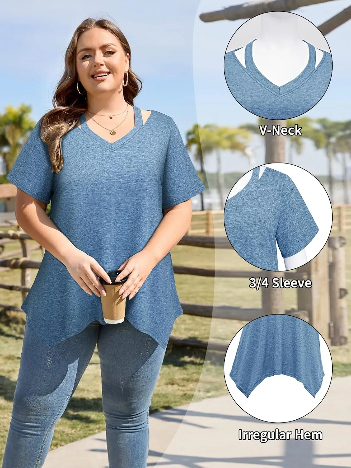 Amrto Women Plus Size Tops Cut Out V Neck 3/4 Sleeve Blouses Dressy Casual Tunic Tops to Wear with Leggings