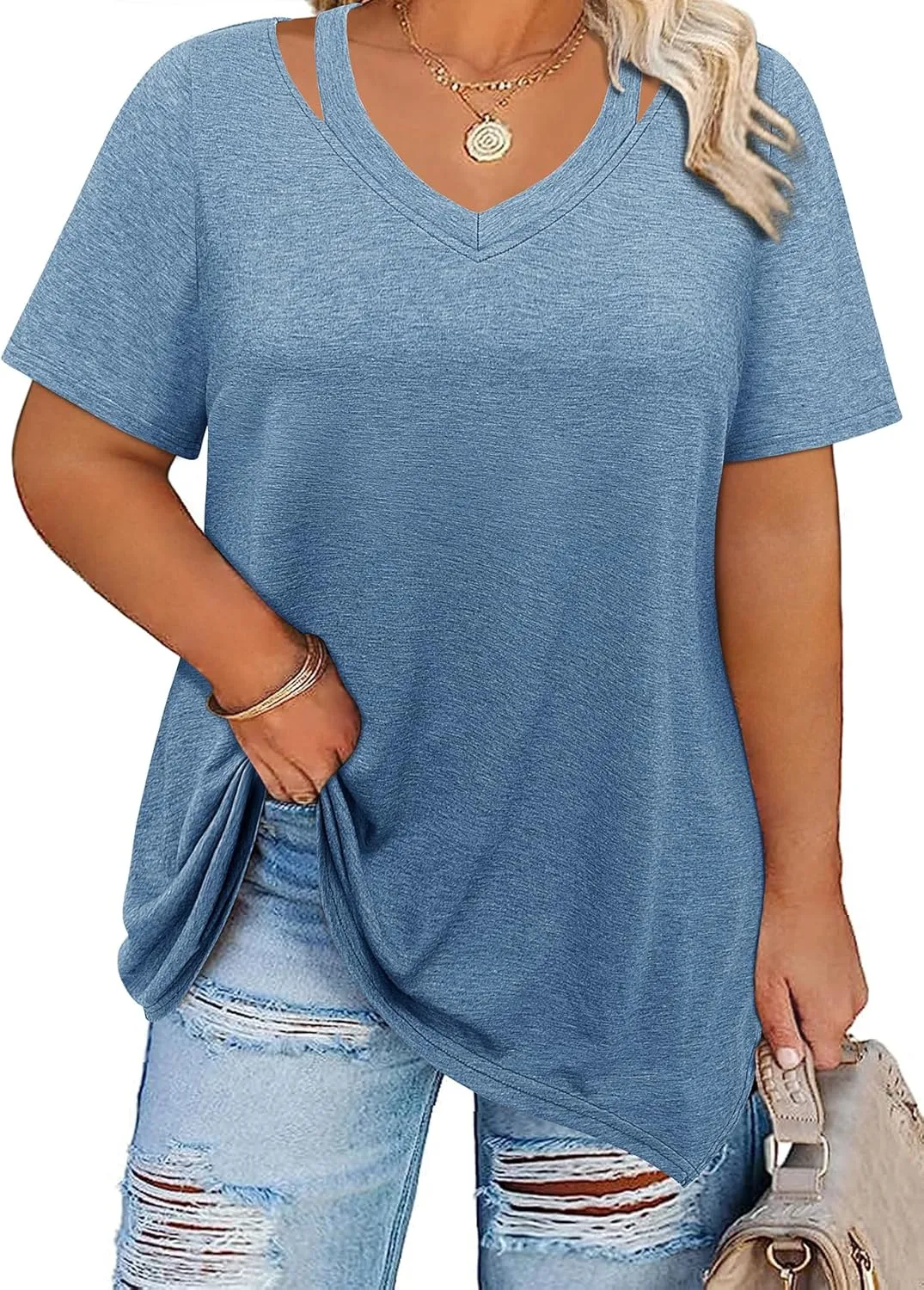 Amrto Women Plus Size Tops Cut Out V Neck 3/4 Sleeve Blouses Dressy Casual Tunic Tops to Wear with Leggings