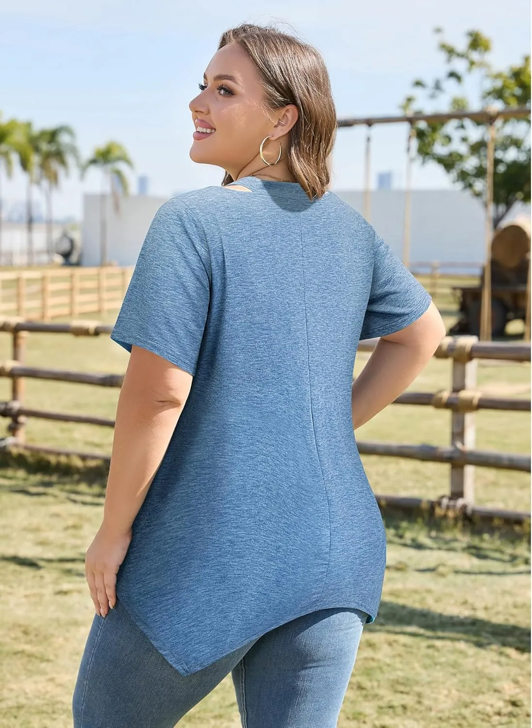 Amrto Women Plus Size Tops Cut Out V Neck 3/4 Sleeve Blouses Dressy Casual Tunic Tops to Wear with Leggings