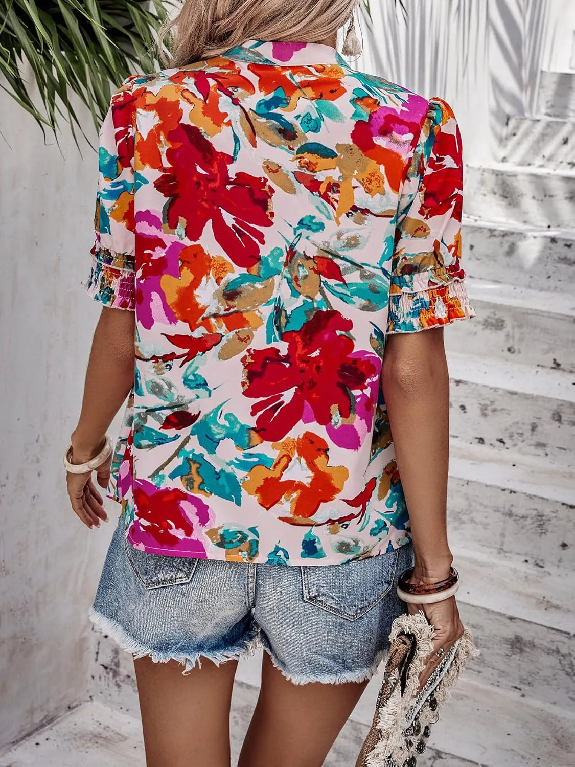 Angashion Womens Tops, Summer Casual Short Sleeve V Neck Solid Flowy Top Loose Tunic Blouses Shirts