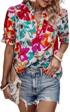 Angashion Womens Tops, Summer Casual Short Sleeve V Neck Solid Flowy Top Loose Tunic Blouses Shirts
