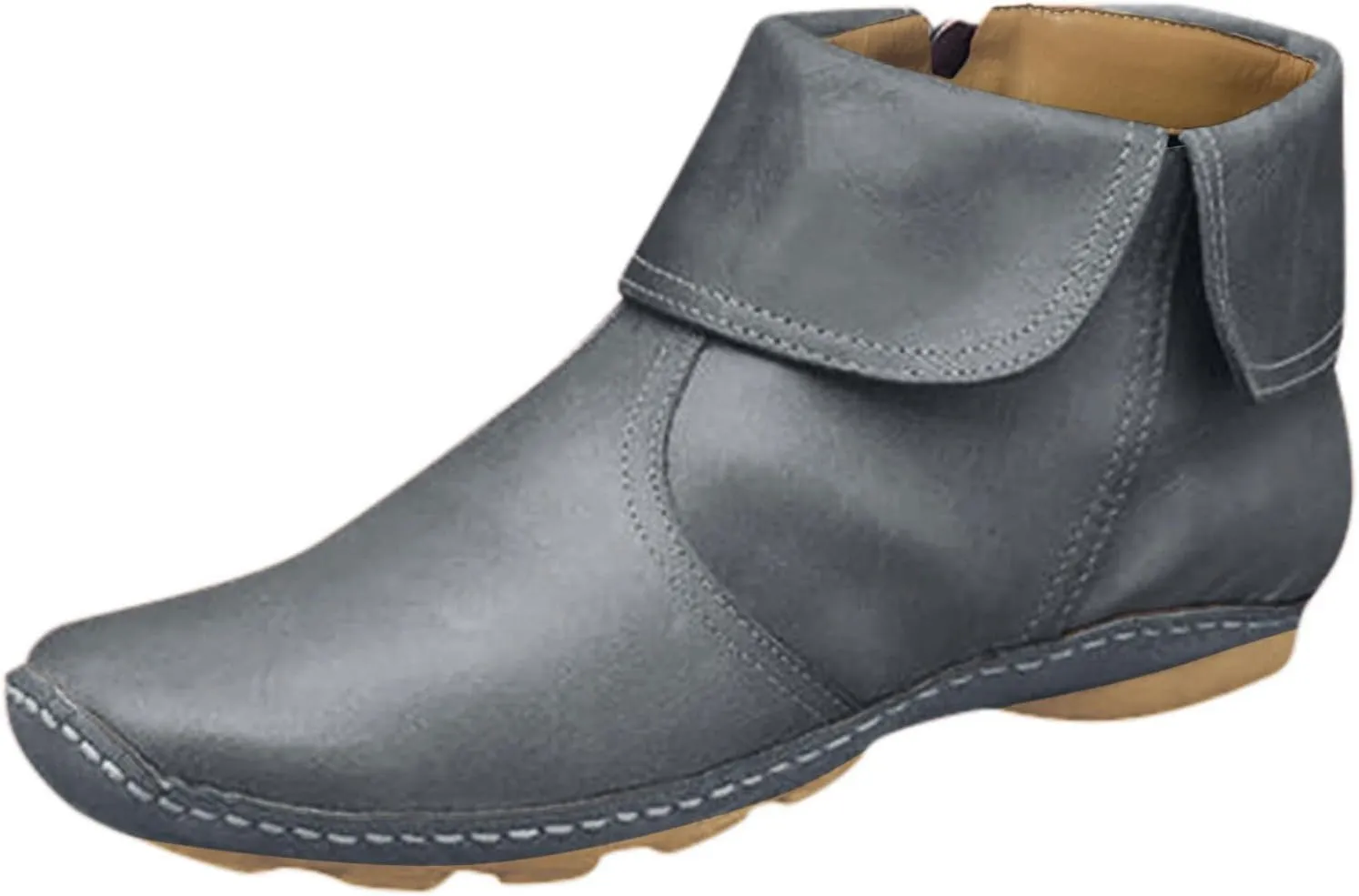 Ankle Booties for Women Flat Heel Round Toe Boots Fashion Side Zip Vintage Booties Low Heel Arch Support Boots