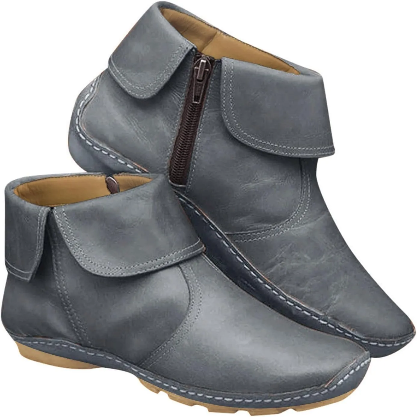 Ankle Booties for Women Flat Heel Round Toe Boots Fashion Side Zip Vintage Booties Low Heel Arch Support Boots