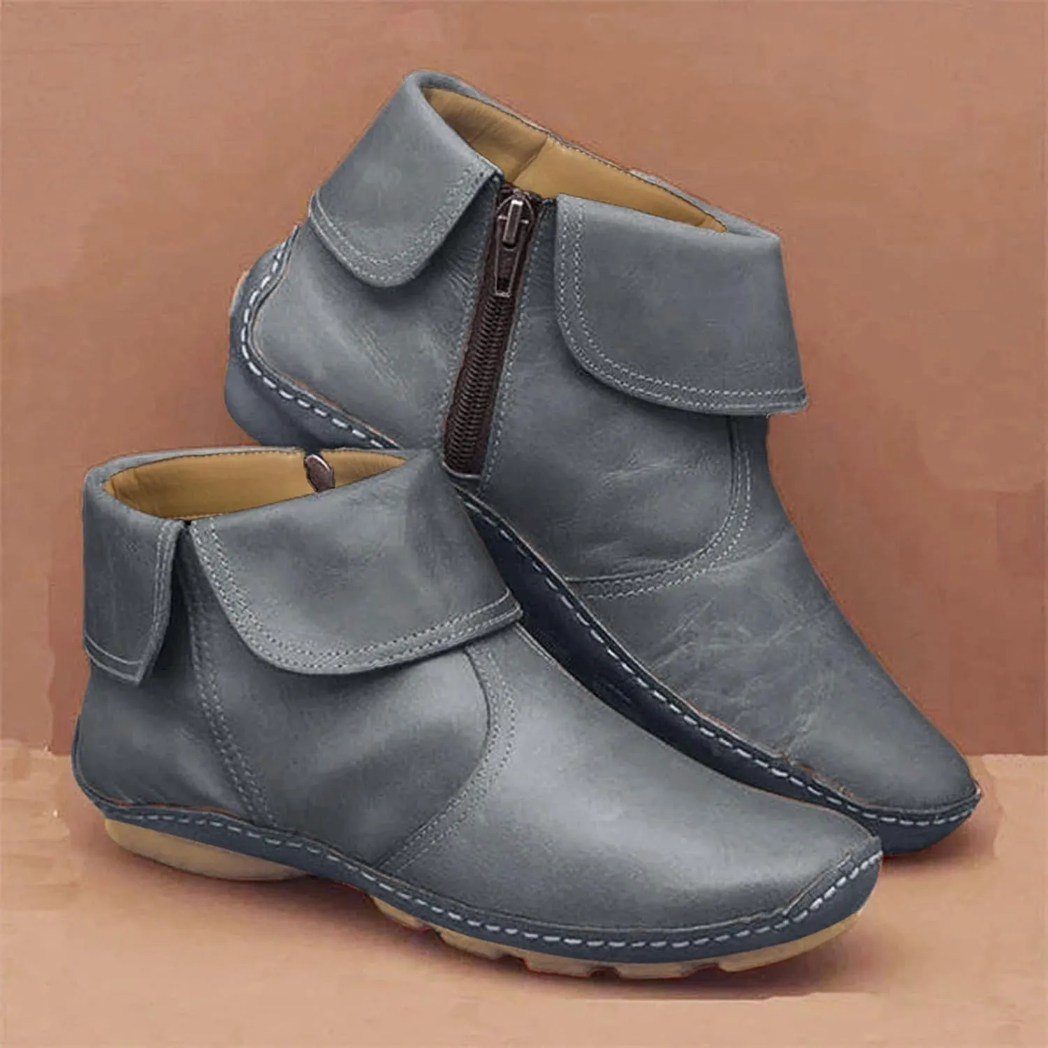 Ankle Booties for Women Flat Heel Round Toe Boots Fashion Side Zip Vintage Booties Low Heel Arch Support Boots