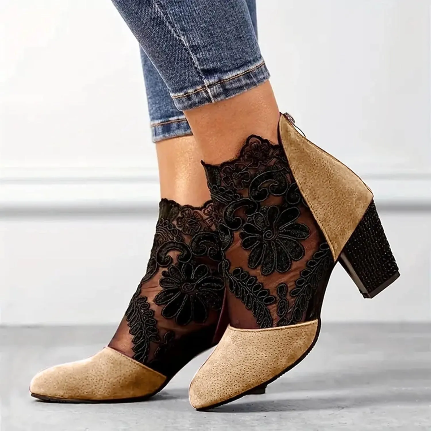 Ankle Booties for Women Floral Mesh Breathable Boots Lace Splicing Suede Booties Back Zipper Chunky Heel Summer Dress Shoes