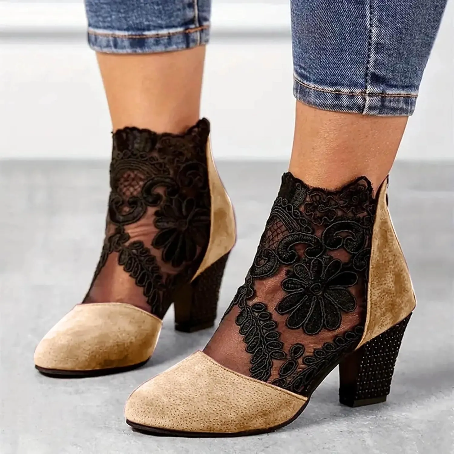 Ankle Booties for Women Floral Mesh Breathable Boots Lace Splicing Suede Booties Back Zipper Chunky Heel Summer Dress Shoes