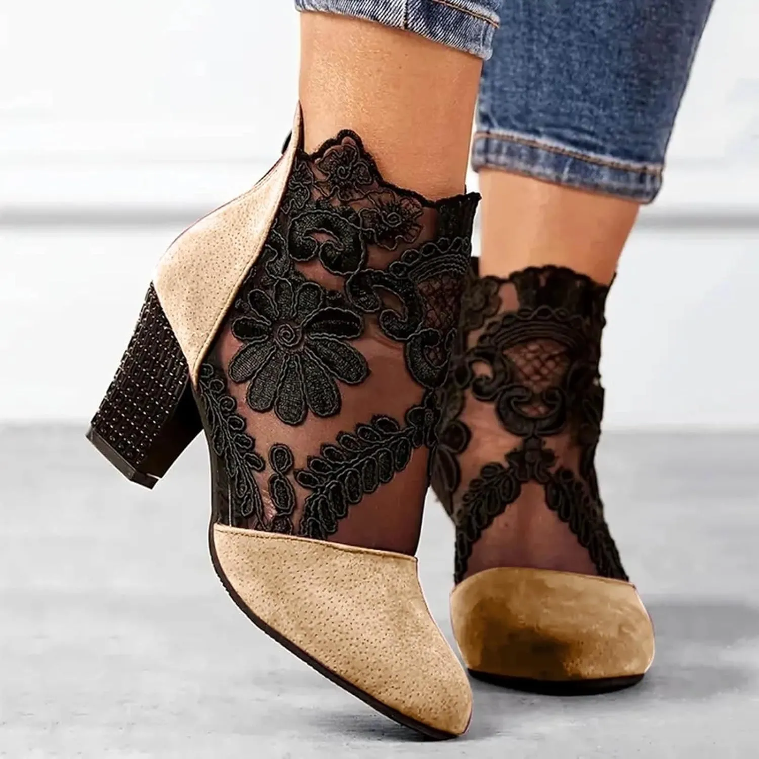 Ankle Booties for Women Floral Mesh Breathable Boots Lace Splicing Suede Booties Back Zipper Chunky Heel Summer Dress Shoes