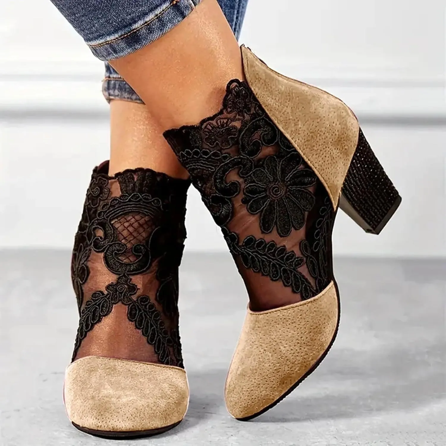 Ankle Booties for Women Floral Mesh Breathable Boots Lace Splicing Suede Booties Back Zipper Chunky Heel Summer Dress Shoes