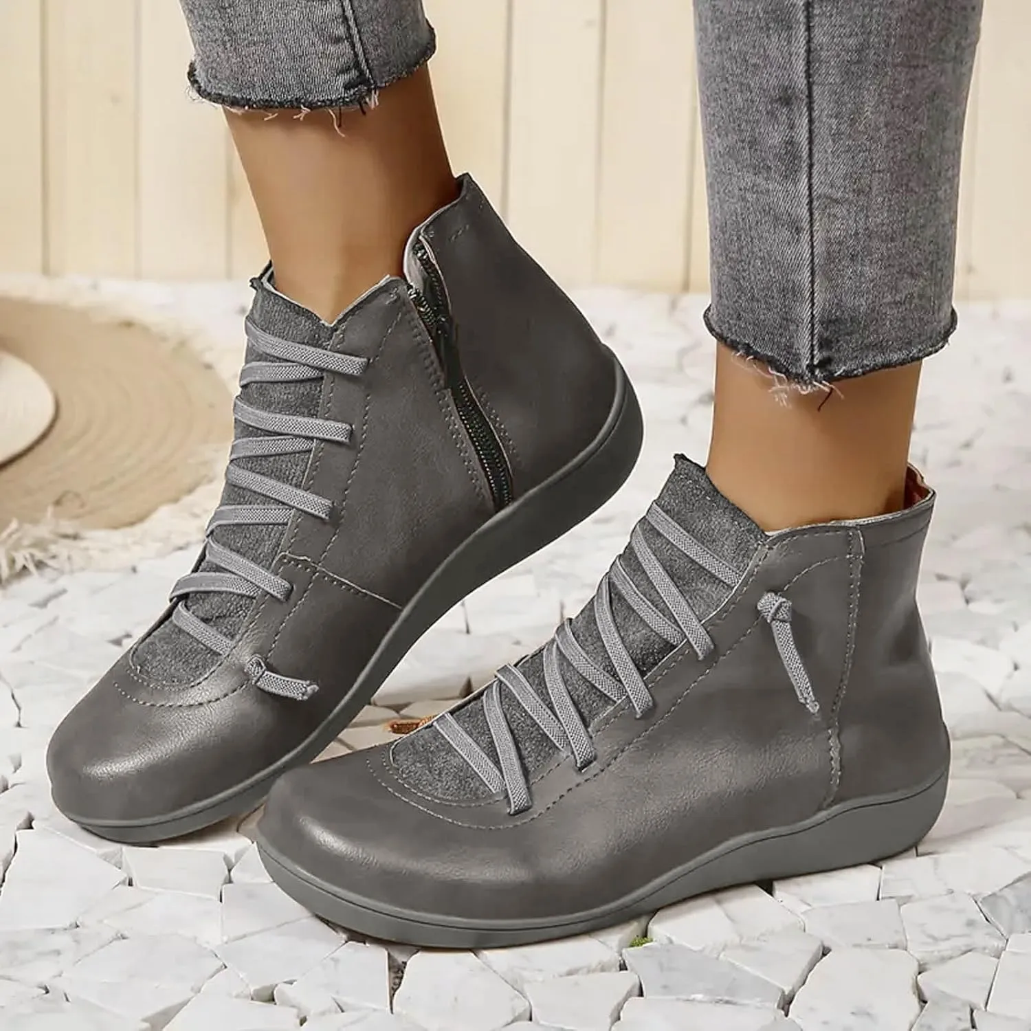 Ankle Boots for Women Arch Support,Womens Low Heel Fashion Lace Up Zipper Booties Casual Walking Short Cowboy Boots Slip On Bootie for Women Ladies Sneaker Outdoor Flat Orthopedic Shoes