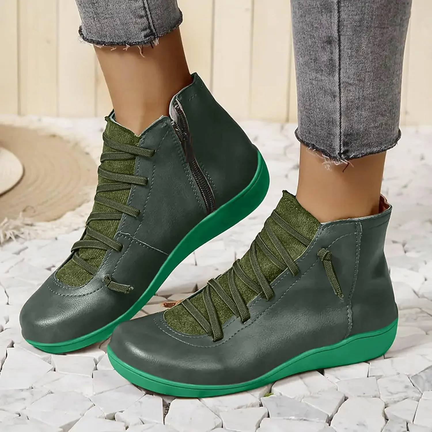 Ankle Boots for Women Arch Support,Womens Low Heel Fashion Lace Up Zipper Booties Casual Walking Short Cowboy Boots Slip On Bootie for Women Ladies Sneaker Outdoor Flat Orthopedic Shoes