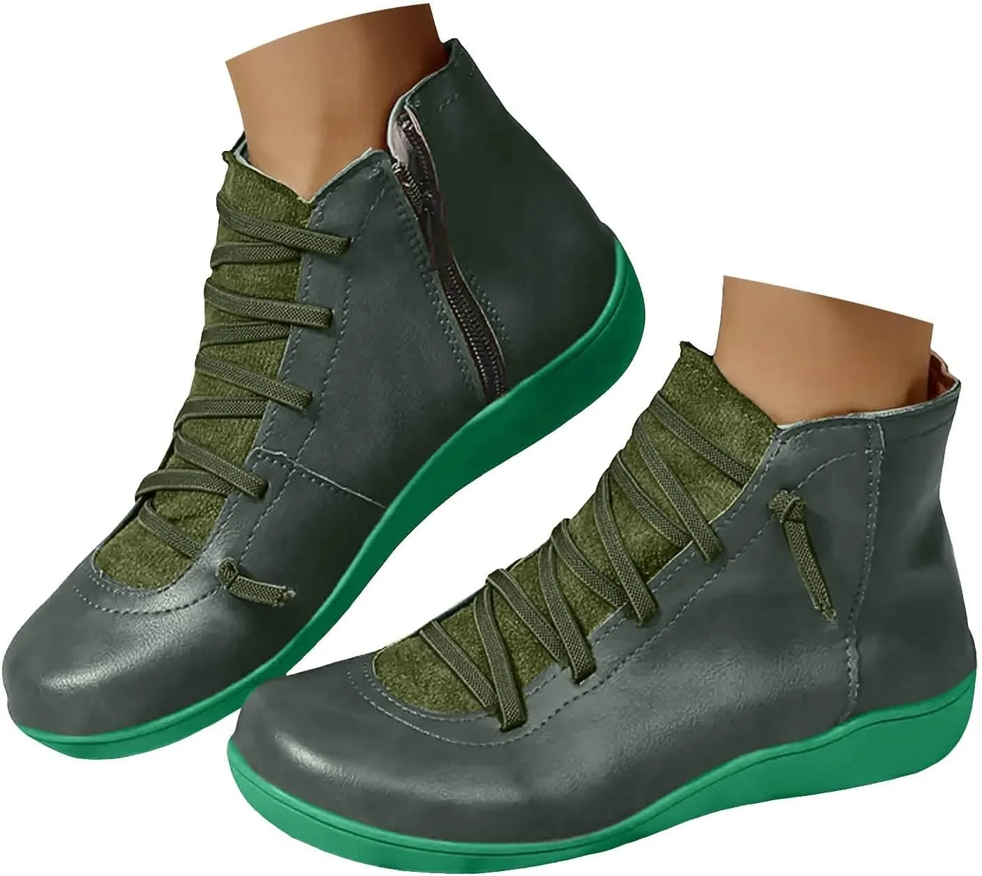 Ankle Boots for Women Arch Support,Womens Low Heel Fashion Lace Up Zipper Booties Casual Walking Short Cowboy Boots Slip On Bootie for Women Ladies Sneaker Outdoor Flat Orthopedic Shoes