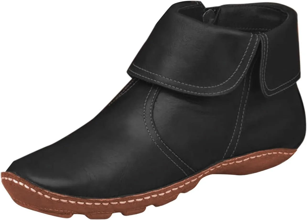 Ankle Boots for Women Flat Heel Round Toe Booties Fashion Side Zip Vintage Boots Low Heel Arch Support Booties
