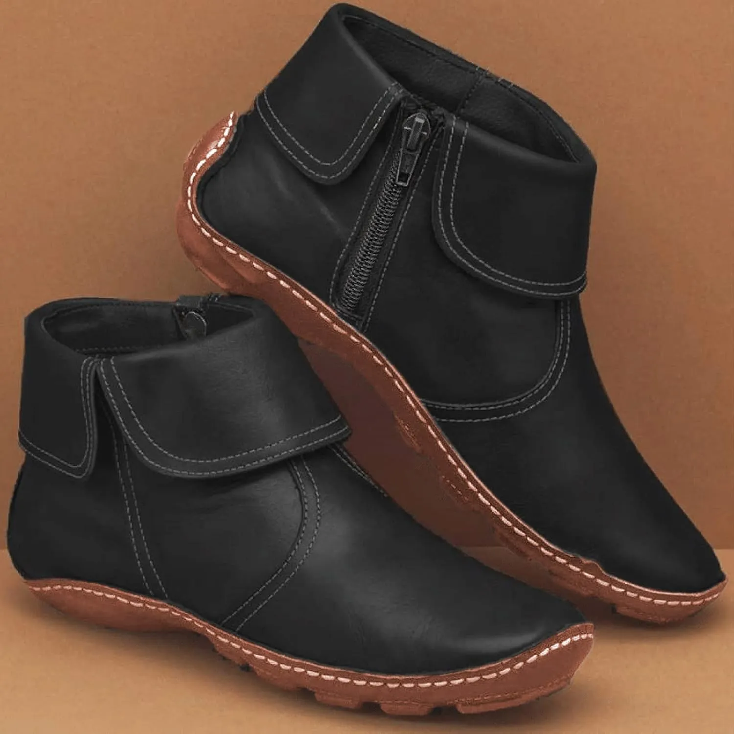 Ankle Boots for Women Flat Heel Round Toe Booties Fashion Side Zip Vintage Boots Low Heel Arch Support Booties