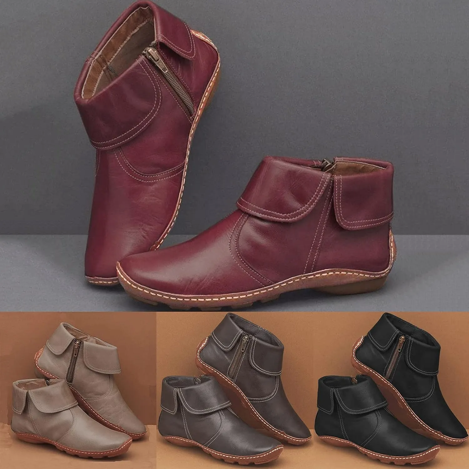Ankle Boots for Women Flat Heel Round Toe Booties Fashion Side Zip Vintage Boots Low Heel Arch Support Booties