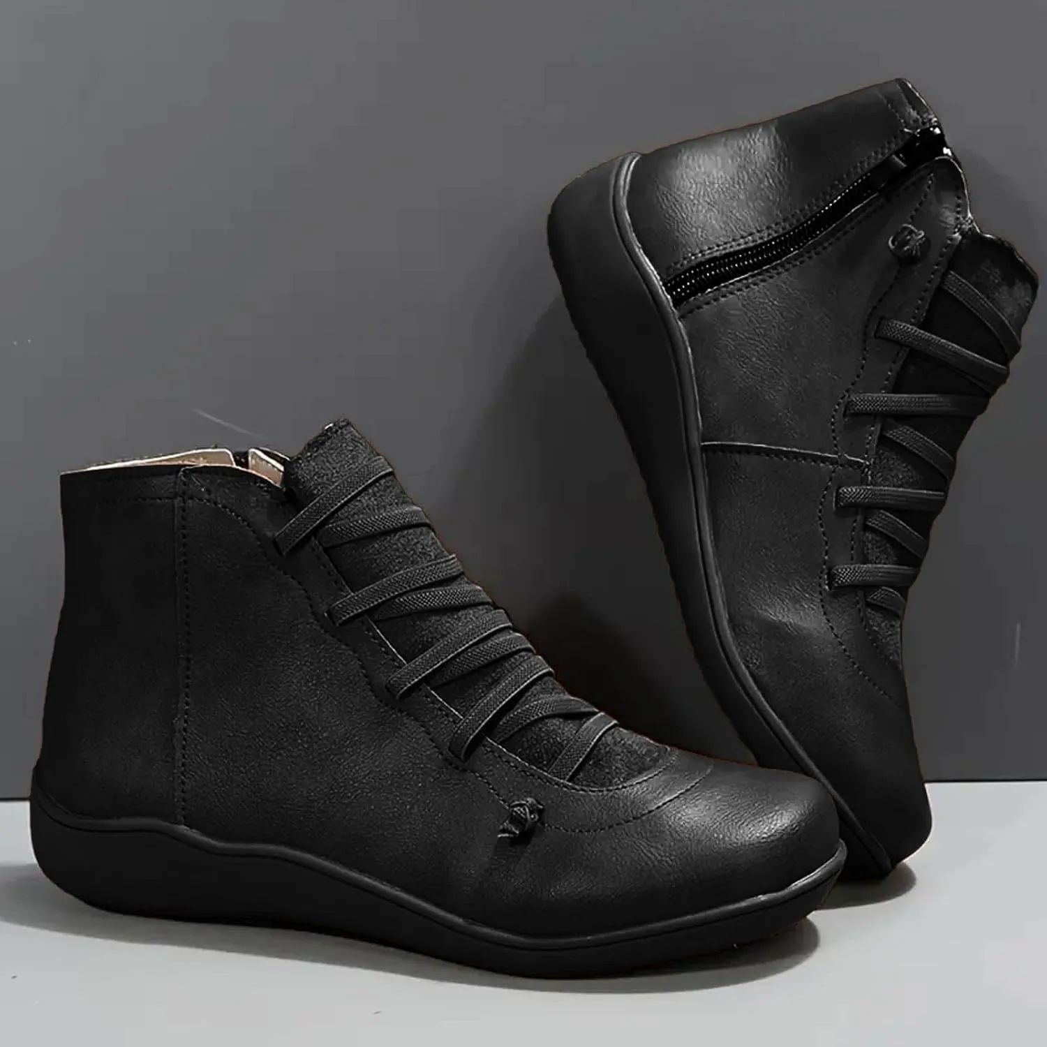 Ankle Boots for Women Low Heel Orthopedic Boots Arch Support Leather Comfortable Side Zip Fall Winter Wedge Booties