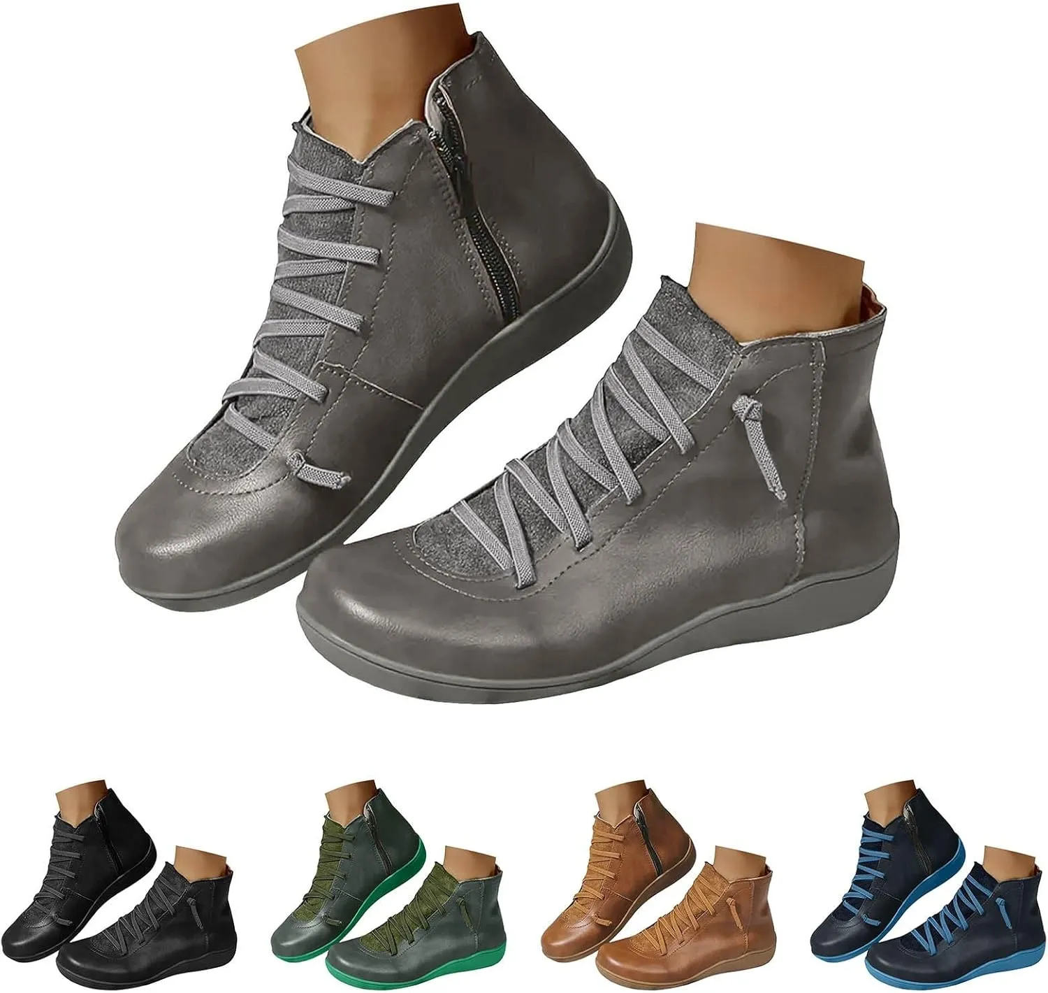 Ankle Boots for Women Low Heel Orthopedic Boots Arch Support Leather Comfortable Side Zip Fall Winter Wedge Booties