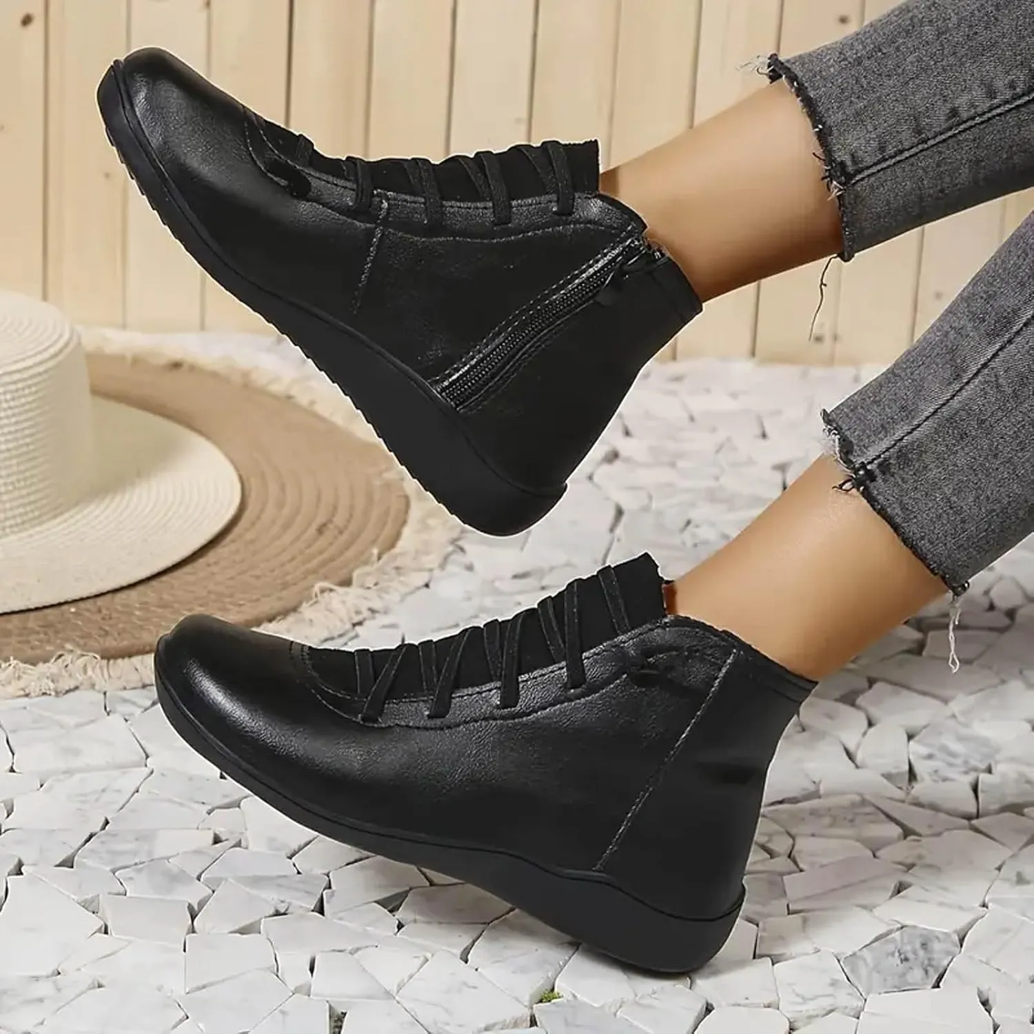 Ankle Boots for Women Low Heel Orthopedic Boots Arch Support Leather Comfortable Side Zip Fall Winter Wedge Booties