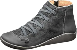 Ankle Boots for Women No Heel, 2024 New Arch Support Boots Fashion Lace Up Side Zipper Vintage Retro Ankle Booties, Comfortable Slip On Flat Low Heel Boots Fall Boots