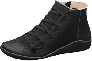 Ankle Boots for Women No Heel, 2024 New Arch Support Boots Fashion Lace Up Side Zipper Vintage Retro Ankle Booties, Comfortable Slip On Flat Low Heel Boots Fall Boots