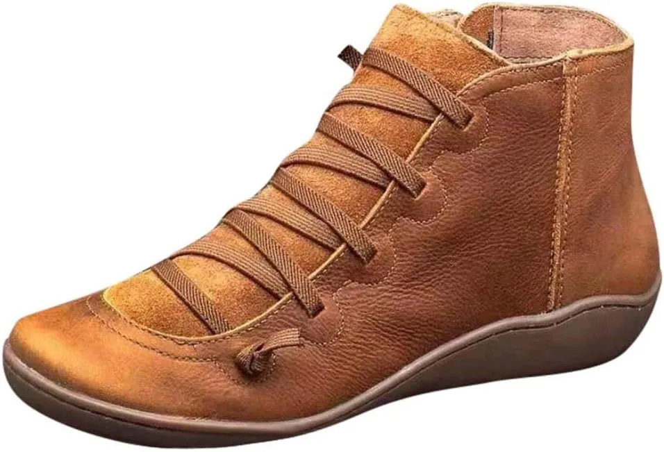 Ankle Boots for Women No Heel,Women's Arch Support Fashion Lace up Side Zip Vintage Booties Flat Heel