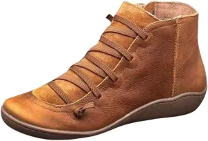 Ankle Boots for Women No Heel,Women's Arch Support Fashion Lace up Side Zip Vintage Booties Flat Heel