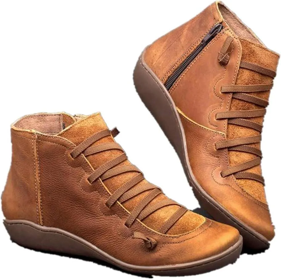 Ankle Boots for Women No Heel,Women's Arch Support Fashion Lace up Side Zip Vintage Booties Flat Heel