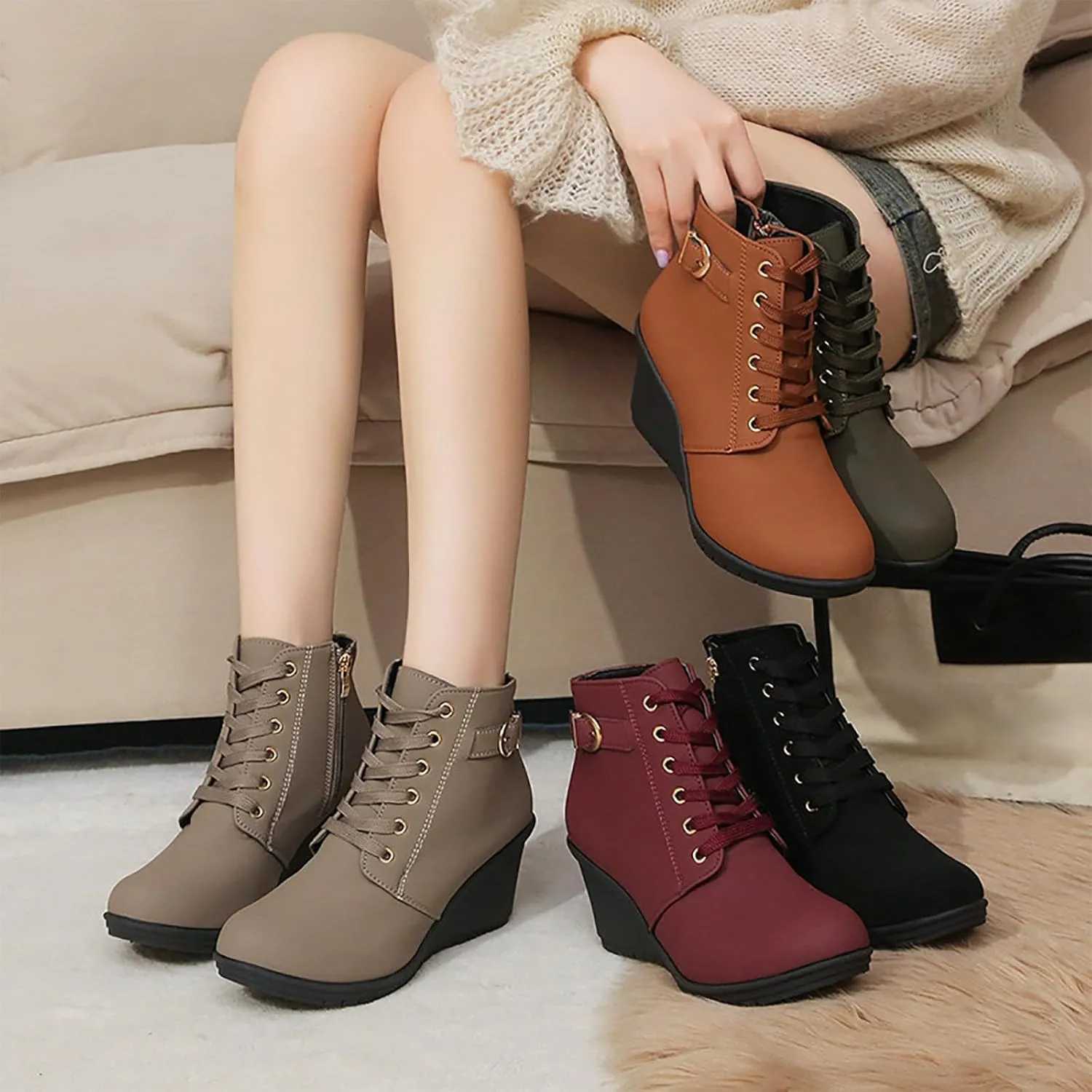 Ankle Boots for Women Winter Fashion Round Toe Booties Leather Platform Wedges Boots Back Zip Vintage Snow Booties
