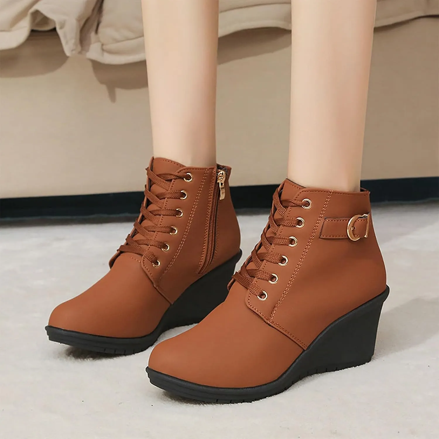 Ankle Boots for Women Winter Fashion Round Toe Booties Leather Platform Wedges Boots Back Zip Vintage Snow Booties
