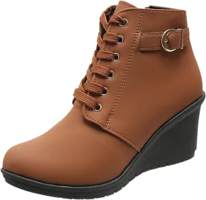 Ankle Boots for Women Winter Fashion Round Toe Booties Leather Platform Wedges Boots Back Zip Vintage Snow Booties