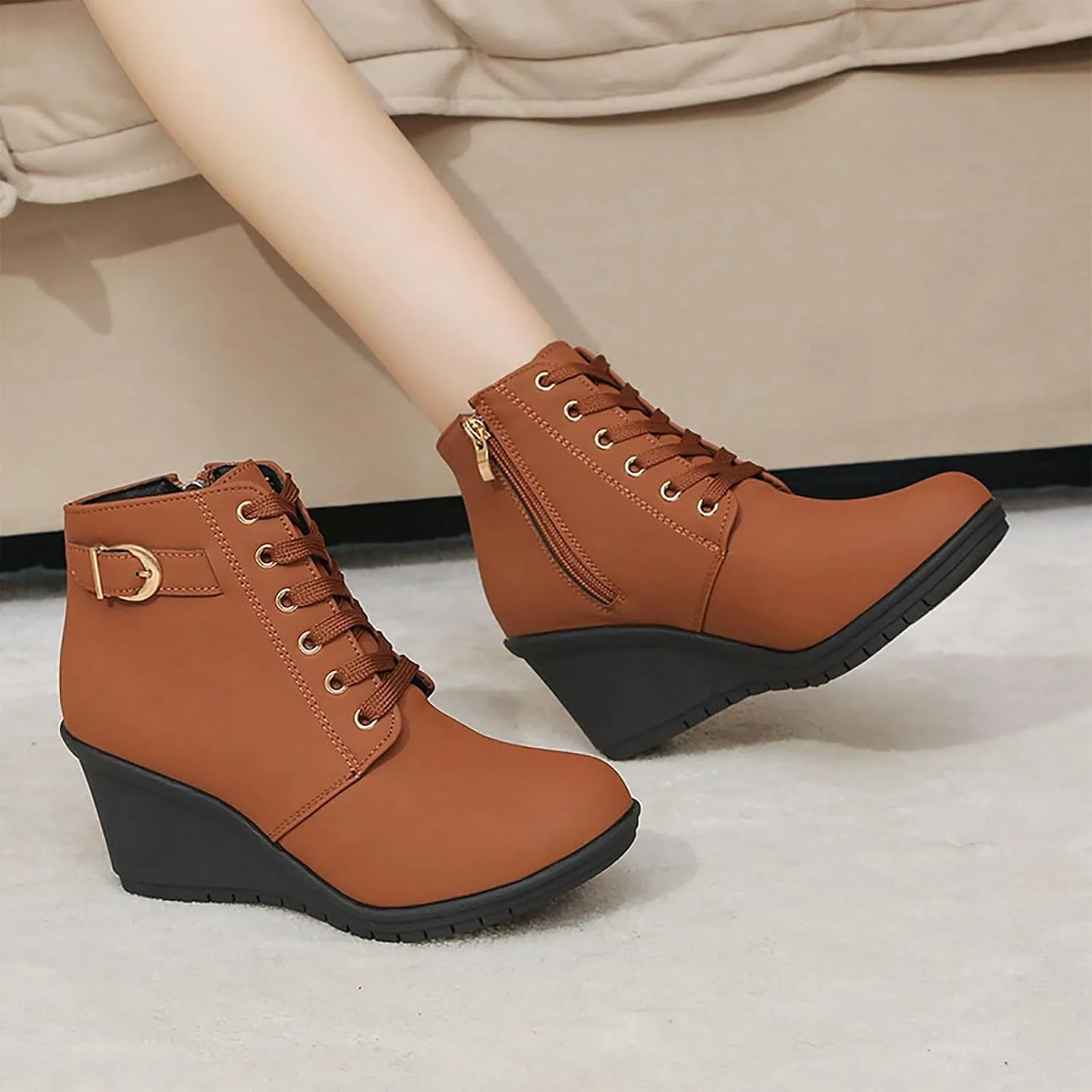 Ankle Boots for Women Winter Fashion Round Toe Booties Leather Platform Wedges Boots Back Zip Vintage Snow Booties