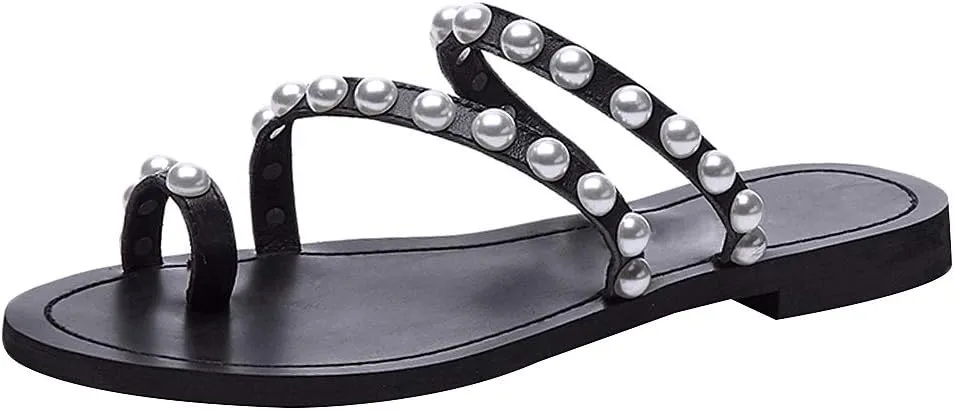 ANUFER Women's Bohemia Pearls Toe Ring Sandals/Slippers Summer Flat Flip Flops Beach Shoes