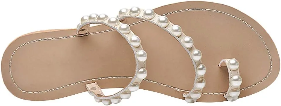 ANUFER Women's Bohemia Pearls Toe Ring Sandals/Slippers Summer Flat Flip Flops Beach Shoes