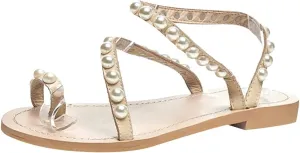 ANUFER Women's Bohemia Pearls Toe Ring Sandals/Slippers Summer Flat Flip Flops Beach Shoes