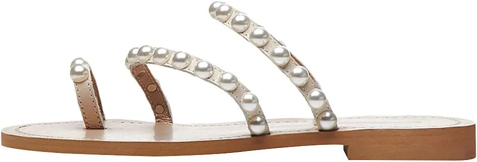 ANUFER Women's Bohemia Pearls Toe Ring Sandals/Slippers Summer Flat Flip Flops Beach Shoes
