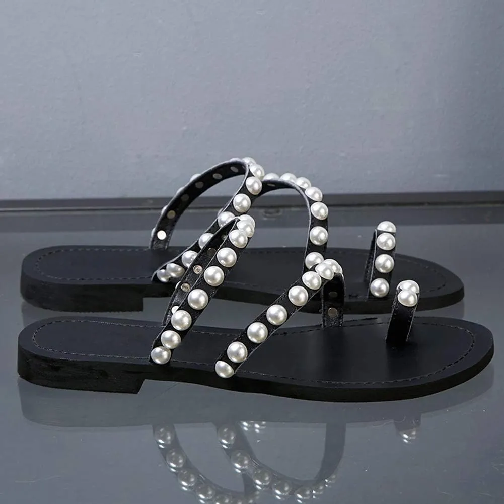 ANUFER Women's Bohemia Pearls Toe Ring Sandals/Slippers Summer Flat Flip Flops Beach Shoes
