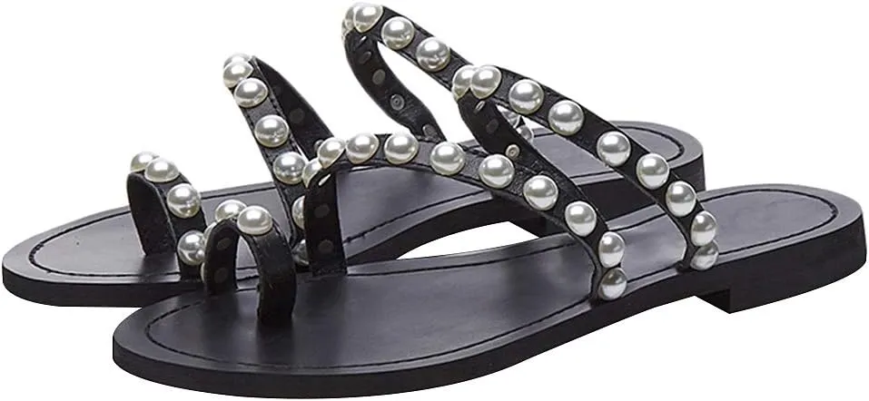 ANUFER Women's Bohemia Pearls Toe Ring Sandals/Slippers Summer Flat Flip Flops Beach Shoes