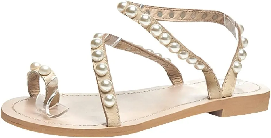 ANUFER Women's Bohemia Pearls Toe Ring Sandals/Slippers Summer Flat Flip Flops Beach Shoes