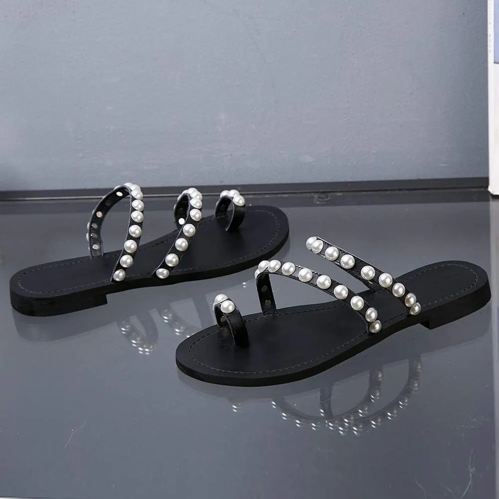 ANUFER Women's Bohemia Pearls Toe Ring Sandals/Slippers Summer Flat Flip Flops Beach Shoes