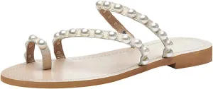 ANUFER Women's Bohemia Pearls Toe Ring Sandals/Slippers Summer Flat Flip Flops Beach Shoes