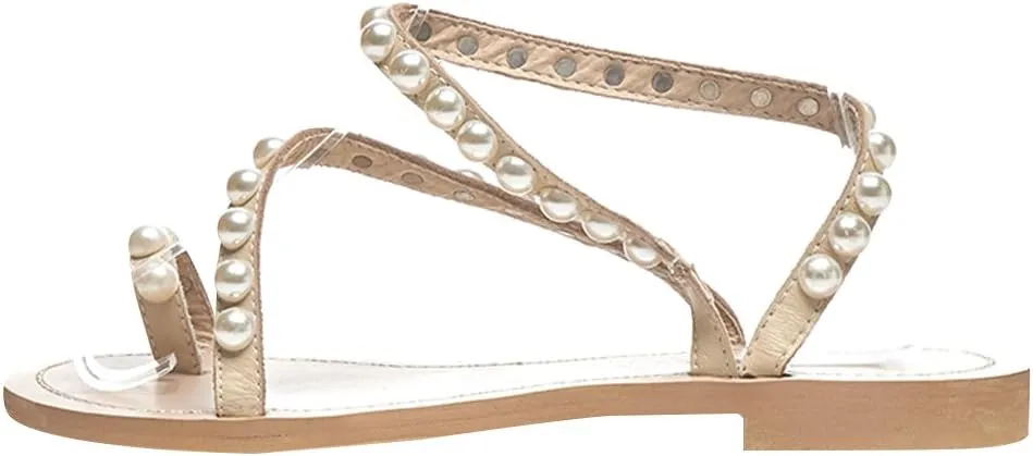 ANUFER Women's Bohemia Pearls Toe Ring Sandals/Slippers Summer Flat Flip Flops Beach Shoes