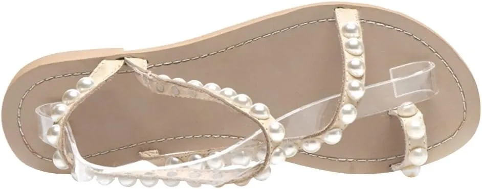 ANUFER Women's Bohemia Pearls Toe Ring Sandals/Slippers Summer Flat Flip Flops Beach Shoes